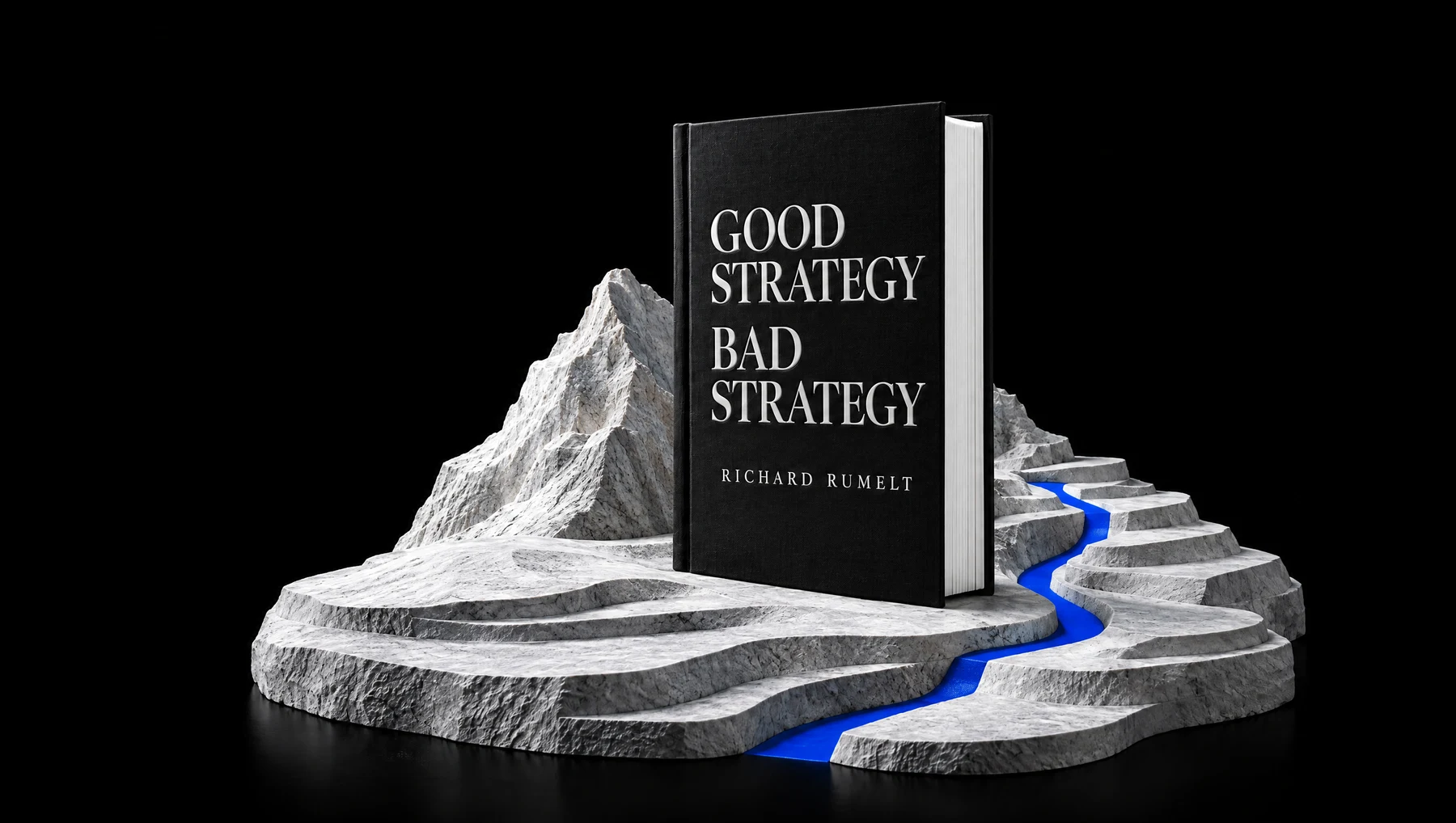 Good Strategy Bad Strategy, presented as a black book on white sculptural terrain with a cobalt route.