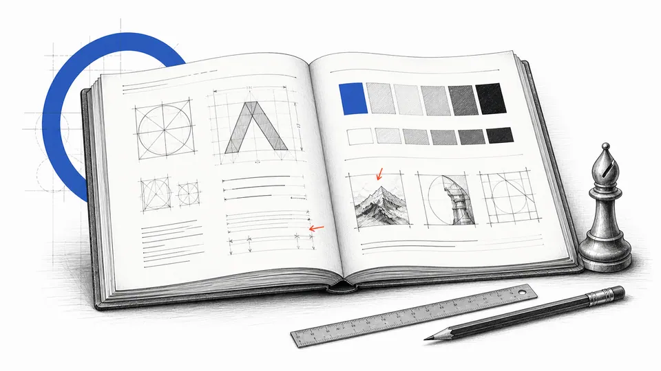 An open technical brand manual with a measured color system and a quiet chess form.