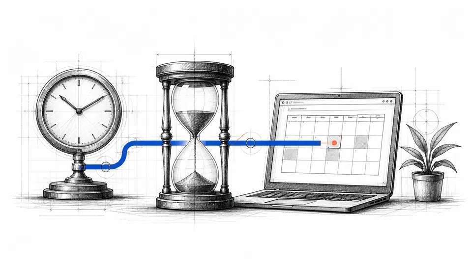 A computer schedule assembled from a clock, calendar, hourglass, and technical construction marks.