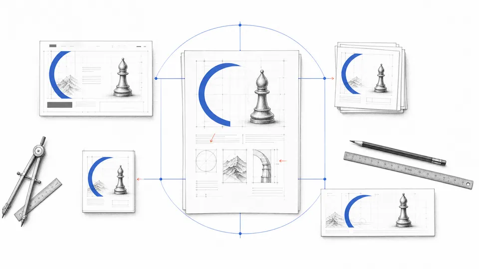An architectural campaign workbench connecting a landing page, carousel, social post, and advertisement around one visual system.