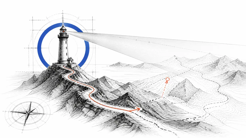 A lighthouse on a strategic terrain map, surrounded by measured paths and a cobalt orientation arc.