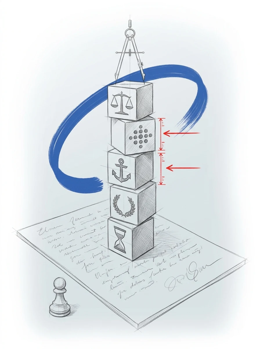 Graphite sketch of a stack of engraved bias blocks being lowered into a page of copy, circled in cobalt